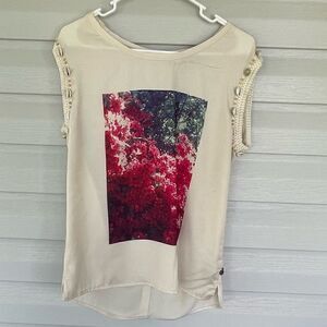 Maison Scotch Tropical Drift Sleeveless Top Small Floral Graphic, Crochet Detail